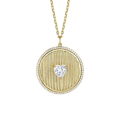 Sterling Silver 14k Yellow Gold Plating With Clear Cubic Zirconia Heart Medallion Pendant Necklace