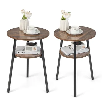 2pcs 2-tier Bedside End Table Round Nightstand For Bedroom Living Room