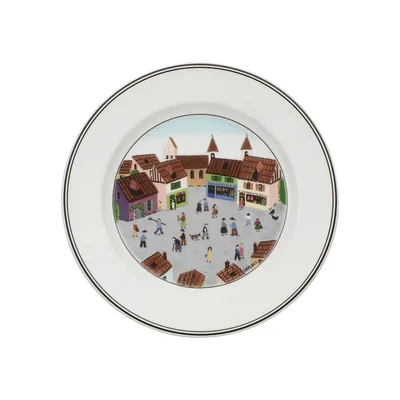 Assiette plate en porcelaine à motif de vieux village Design Naif