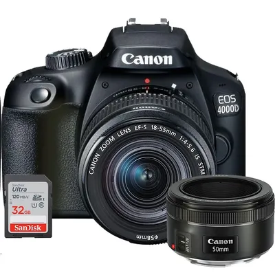Eos 4000d Digital Slr Camera + 18-55mm Lens + Ef 50mm F/1.8 Stm Lens + 32gb Memory Card