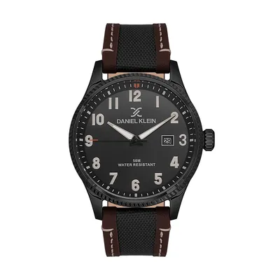 44mm Analog Mens Watch, Canvas / Leather Strap, Big Easy Read Numbers, Date