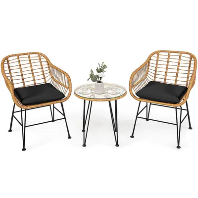 3pcs Patio Rattan Bistro Furniture Set Cushioned Chair Table