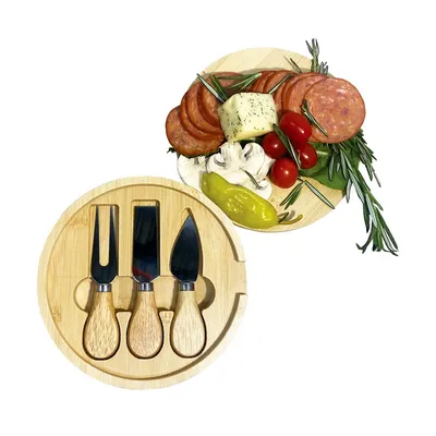 2 In 1 Round Cheese Board And 3 Knives Set