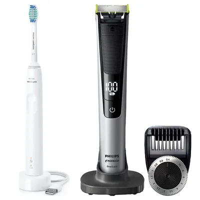 Norelco Oneblade Qp6520/70 Pro Hybrid Electric Trimmer And Shaver + Sonicare 3100 Rechargeable Electric Toothbrush, White Hx3681/03