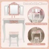 Kid Vanity Set Wooden Makeup Table Stool Tri-folding Mirror Zebra-stripe Pink