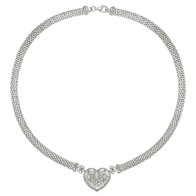Sterling Silver 16" Pave Cubic Heart On Wide Mesh Omega Chain Necklace