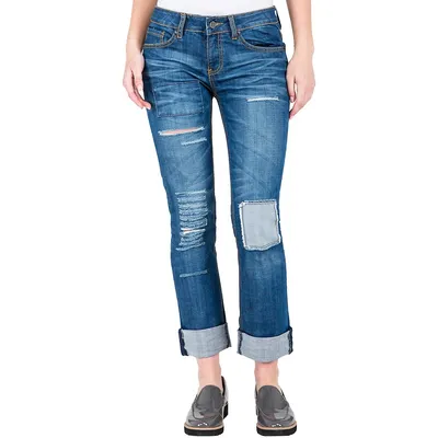 Women's Stretch Distressed Patched Boyfriend Premium Jeans
