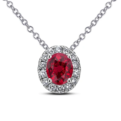 10k White Gold Ruby & Canadian Diamond Halo Pendant & Chain Necklace