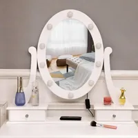Makeup Vanity Set, Dressing Table With Cushioned Stool, 360-degree Rotating Mirror W/ Led Lights, 2 Storage Boxes, 3 Drawers (white)