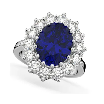 Oval Blue Sapphire And Diamond Halo Lady Di Ring 14k White Gold (6.40ct)