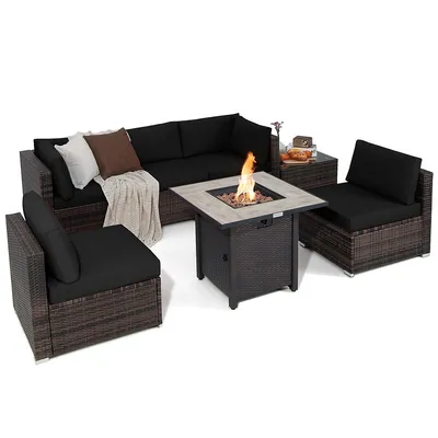 7pcs Patio Rattan Furniture Set 30" Fire Pit Table Cover Cushion Sofa Off Whiteblacknavyredturquoise