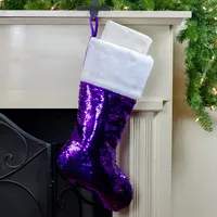 23" Purple And Silver Reversible Sequined Christmas Stocking With Faux Fur Cuff