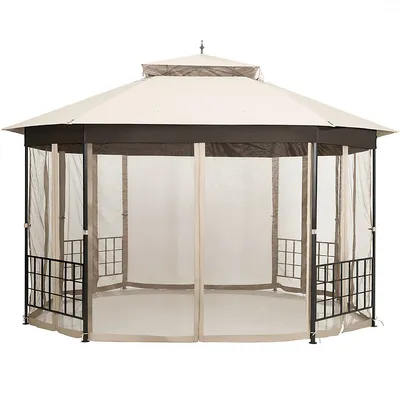 10'x12' Patio Gazebo Canopy Shelter Double Top Netting Sidewalls Beige