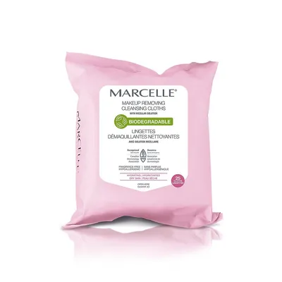 Marcelle Biodegradable Hydrating Makeup Removing Cleansing Cloths with Recyclable Pouch, 25 cloths
