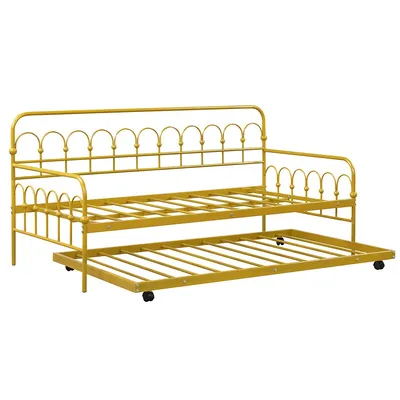 Twin Size Metal Daybed With Trundle Space-saving Sofa Bed Lockable Wheels Gold