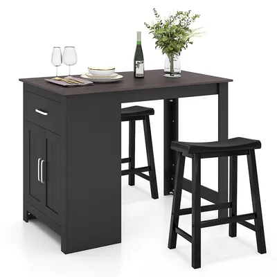3 Pieces Bar Table Set Pub Dining Table With Saddle Stools & Storage Cabinet