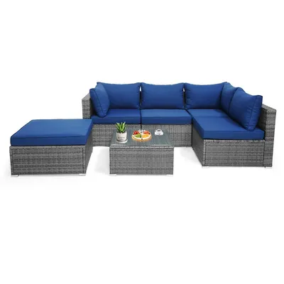 6pcs Patio Wicker Furniture Set Cushioned Sectional Sofa Coffee Table Navy Deck