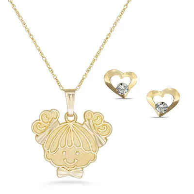 10kt With Little Girl Pendant Necklace And Heart With Cz Stud Set