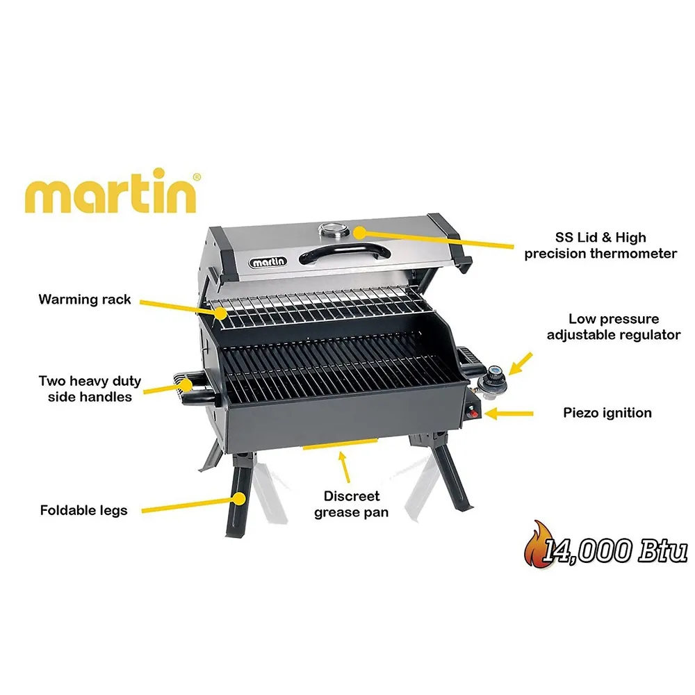 Portable Propane Gas Grill - 14000 Btu Tabletop Bbq With Porcelain Grate, Folding Support Legs And Grease Pan