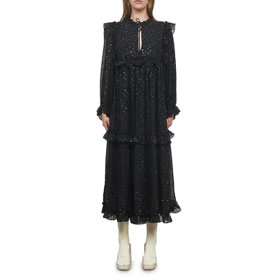 Barbara Ruffle Dot-Print Midi Dress