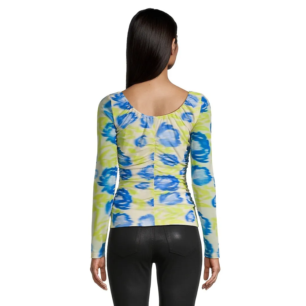 Printed Ruched Mesh Blouse