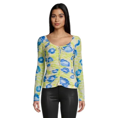 Printed Ruched Mesh Blouse