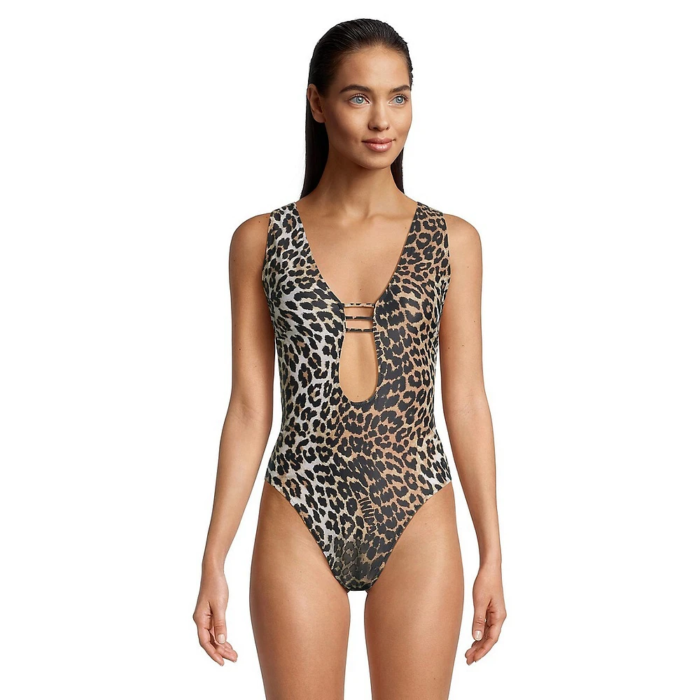 Leopard-Print Plungeneck Keyhole One-Piece Swimsuit