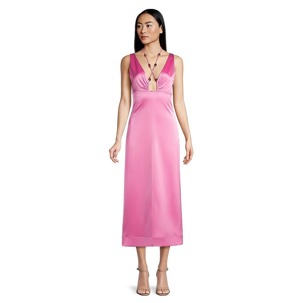 Double Satin Halter V-Neck Midi Dress