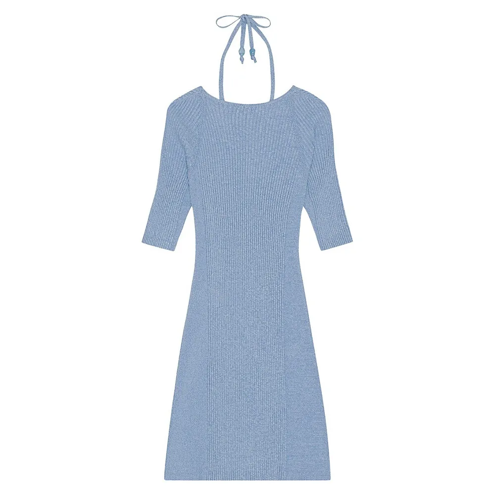 Robe courte en tricot côtelé chiné avec encolure bain-de-soleil