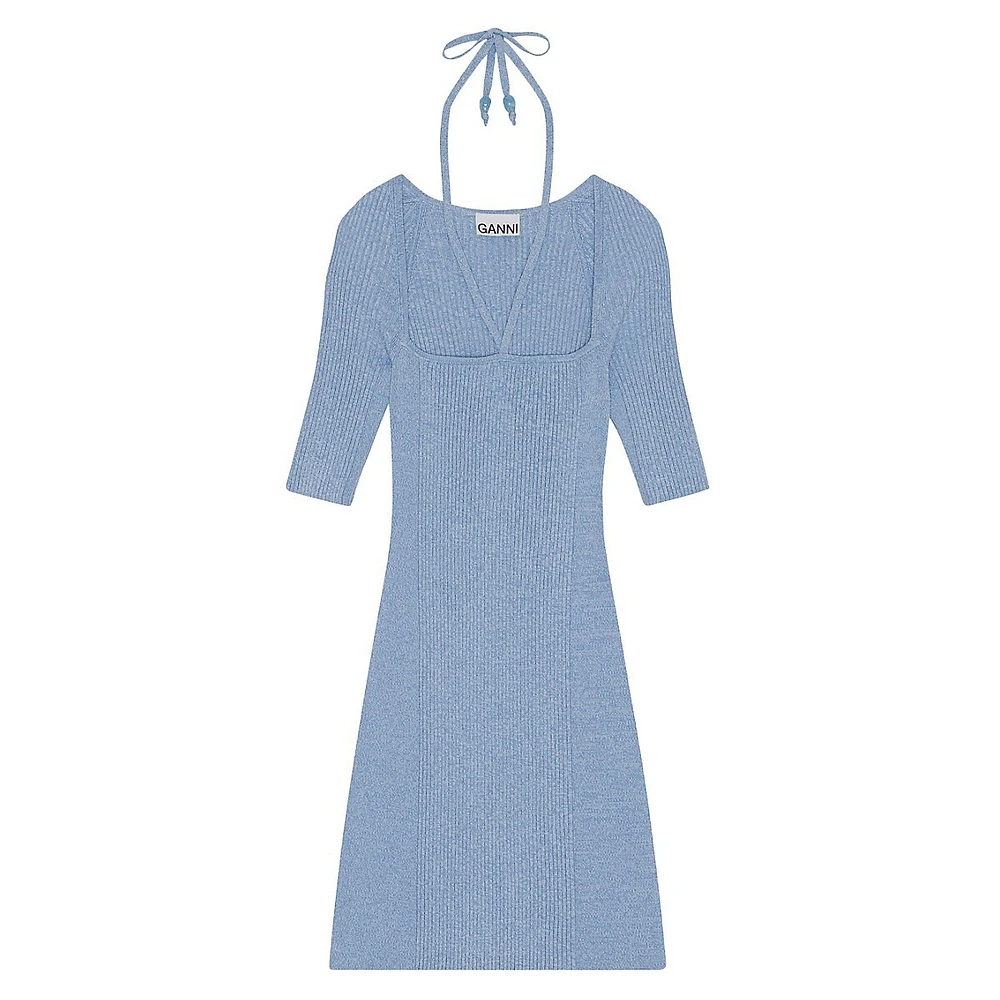 Robe courte en tricot côtelé chiné avec encolure bain-de-soleil