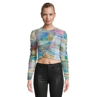 Printed Mesh Ruched Blouse
