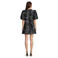 3D Jaquard Puff-Sleeve A-Line Mini Dress