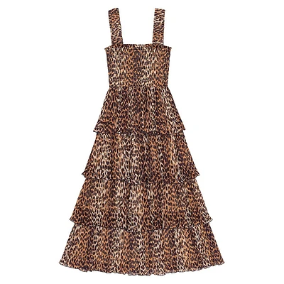 Pleated Leopard-Print Georgette Smocked &Tiered Midi Dress