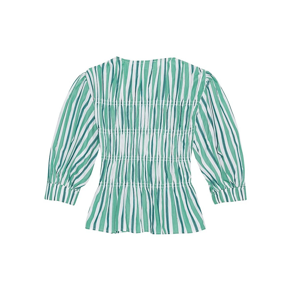 Striped Organic Cotton Smocked Peplum Blouse