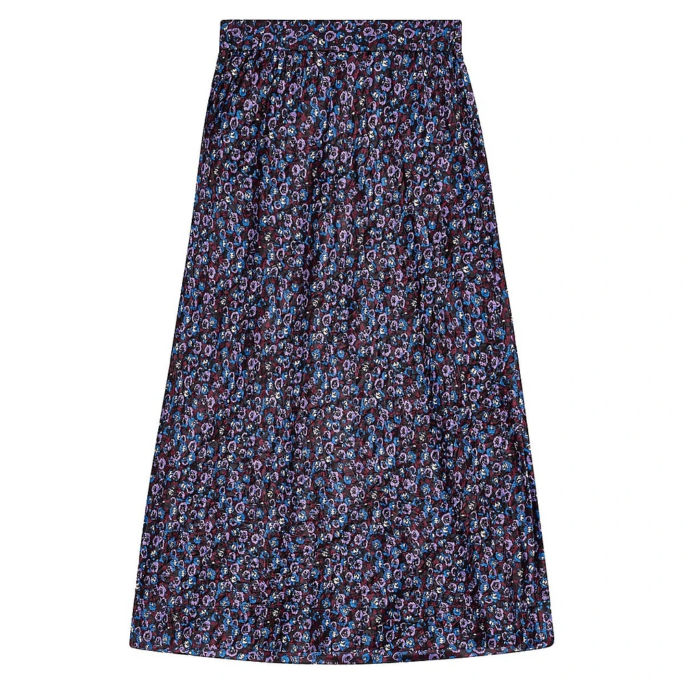 Floral-Print Crinkled Satin Midi Skirt