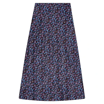 Floral-Print Crinkled Satin Midi Skirt