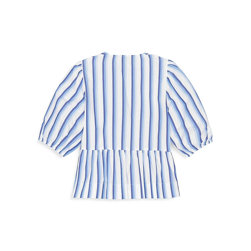 Striped Organic Cotton Poplin Puff-Sleeve Peplum Blouse