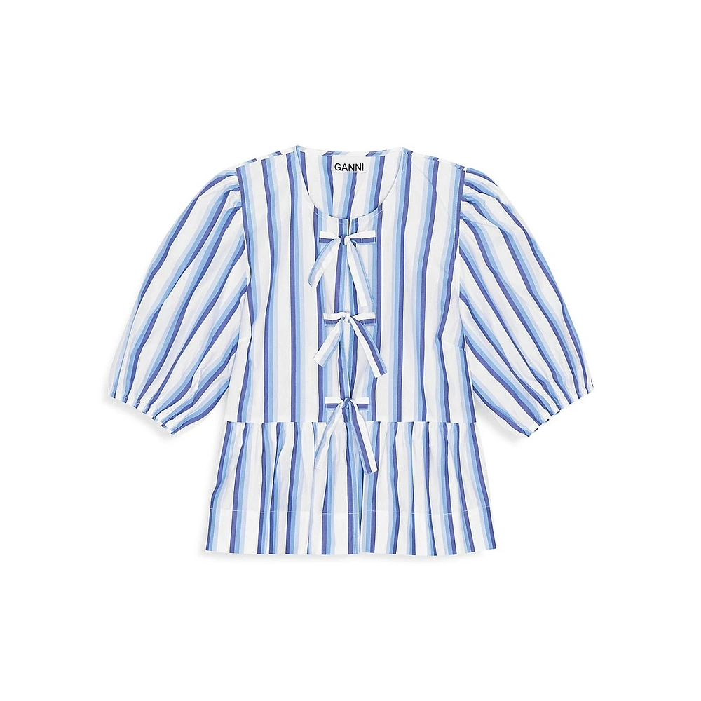 Striped Organic Cotton Poplin Puff-Sleeve Peplum Blouse