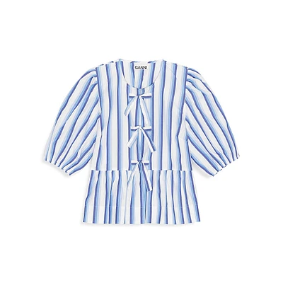 Striped Organic Cotton Poplin Puff-Sleeve Peplum Blouse