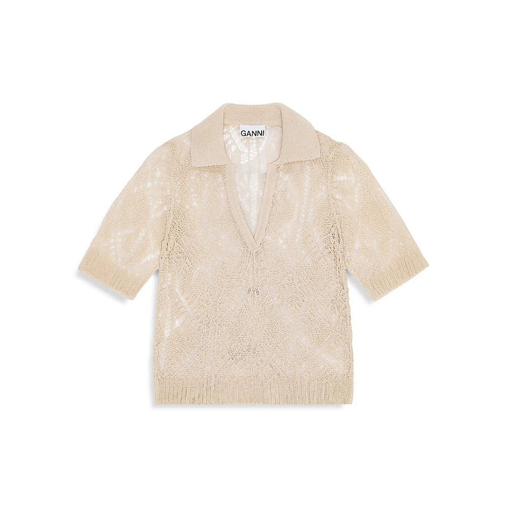 Organic Cotton Sheer Lace Short-Sleeve Polo Shirt