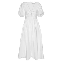 Robe mi-longue ajustée et évasée à manches bouffantes