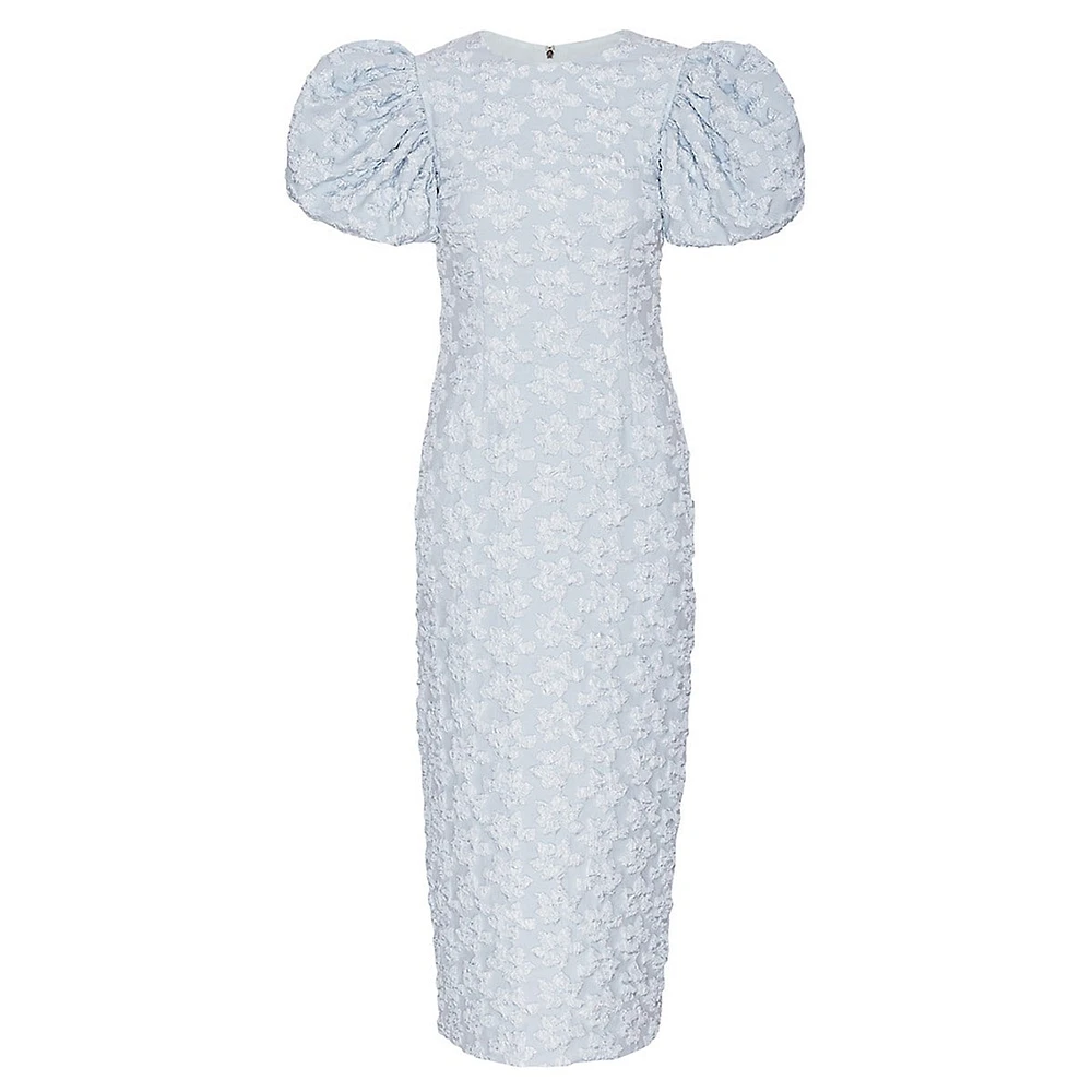 Robe mi-longue ajustée en jacquard fleuri à manches bouffantes