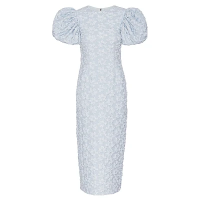 Robe mi-longue ajustée en jacquard fleuri à manches bouffantes