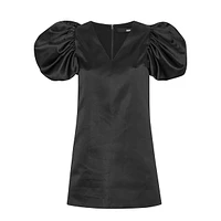 Robe courte trapèze en satin à manches bouffantes et col V