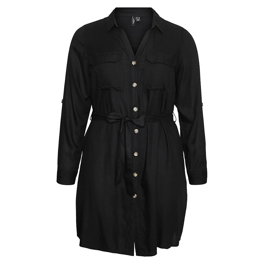 Plus Roll Tab-Sleeve Belted Shirt Dress