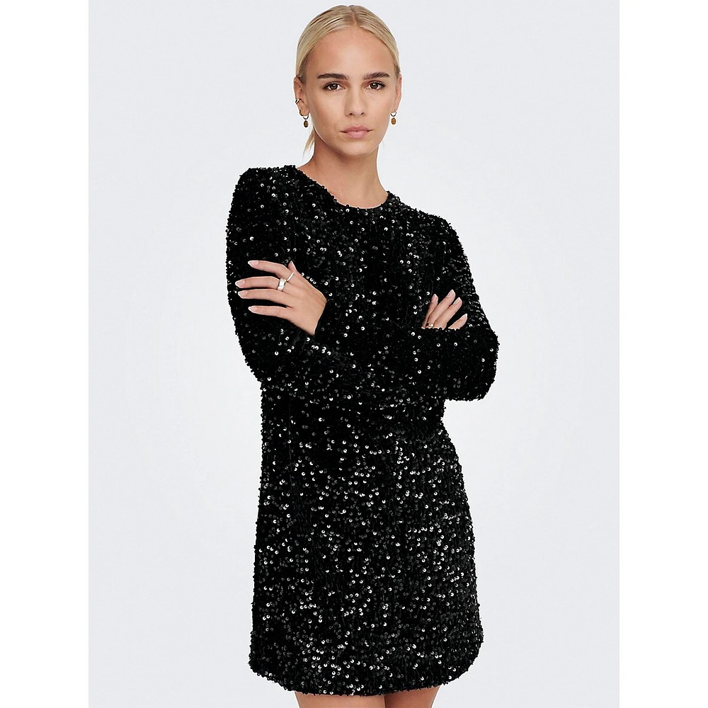 Sequined Velvet Long-Sleeve Mini Dress