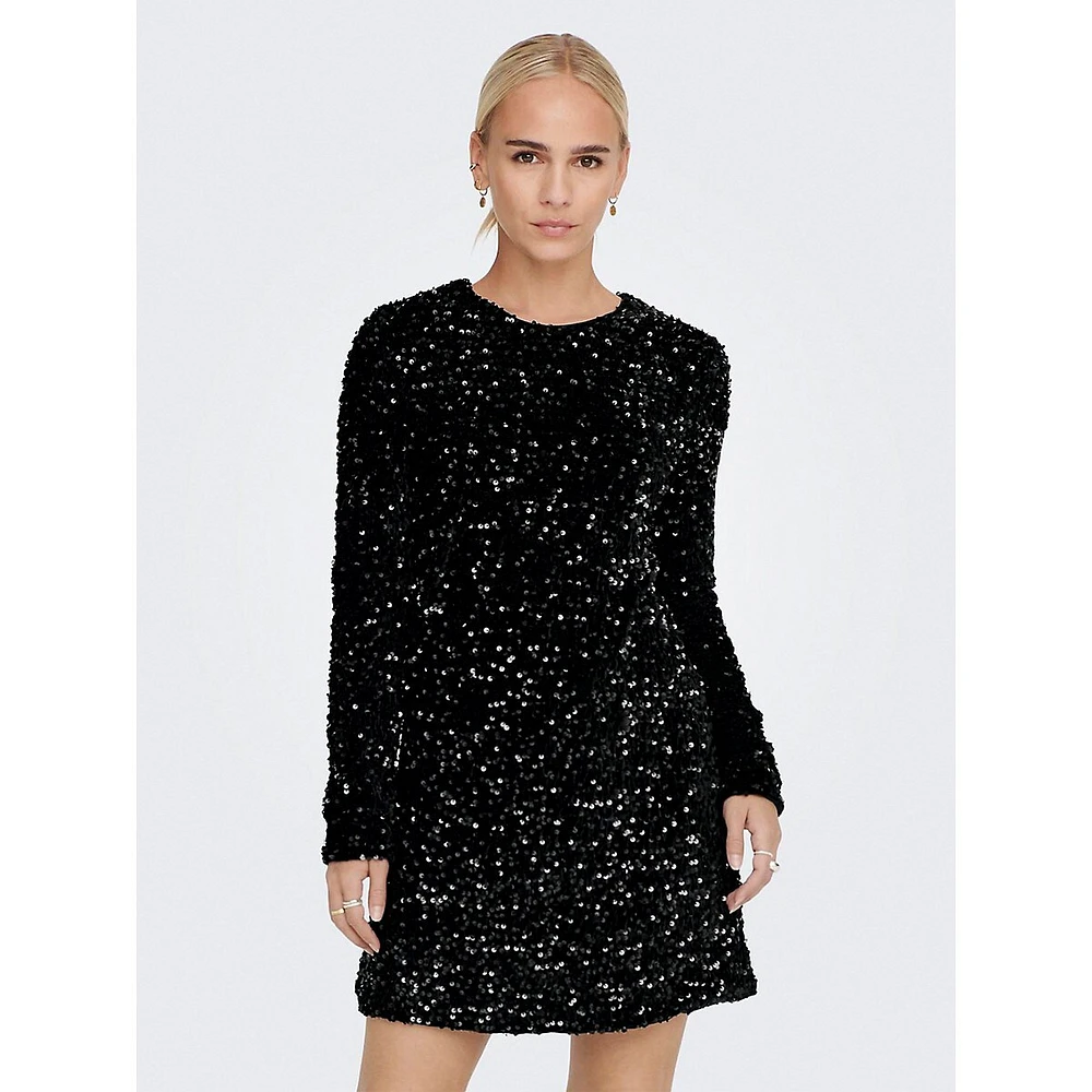 Sequined Velvet Long-Sleeve Mini Dress