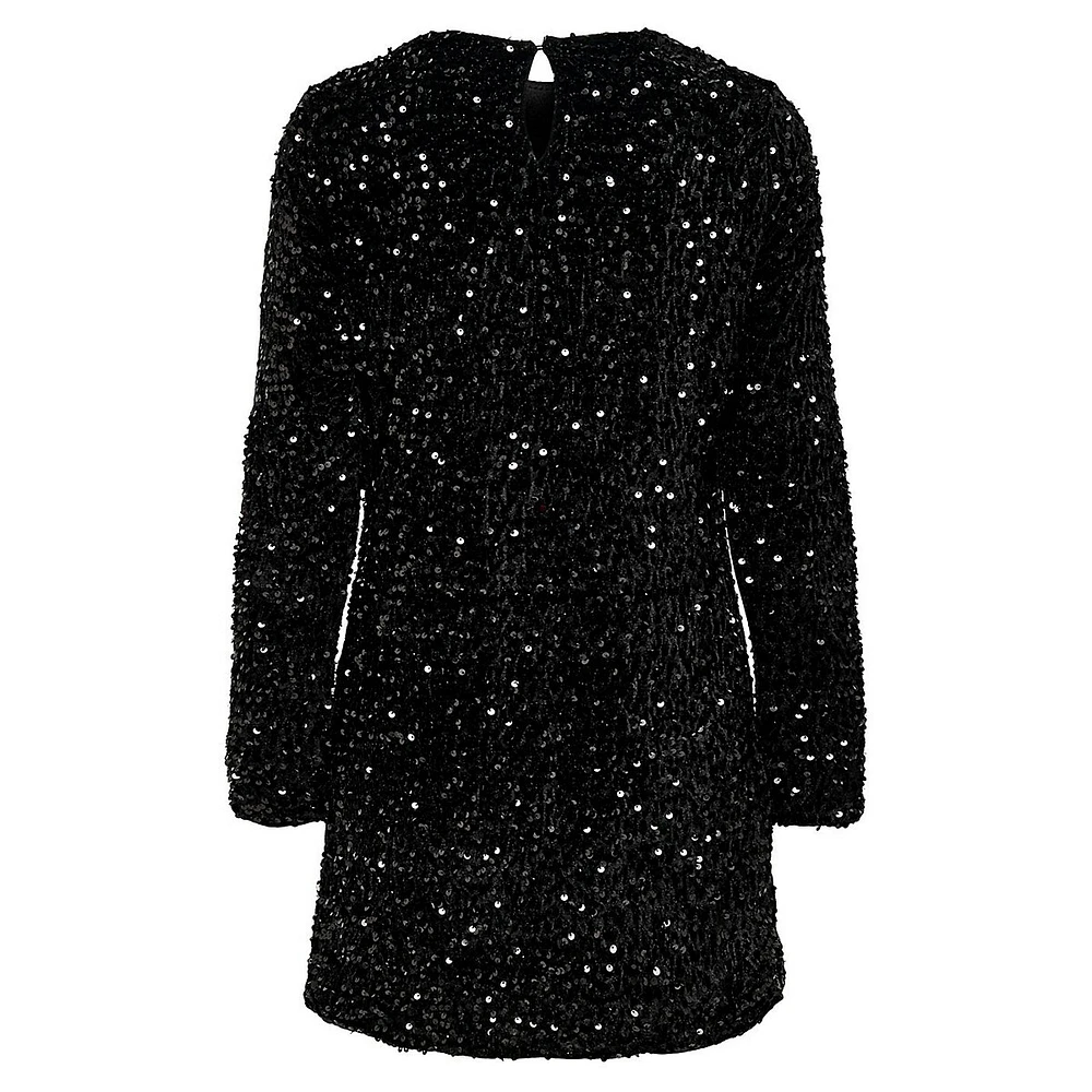 Sequined Velvet Long-Sleeve Mini Dress