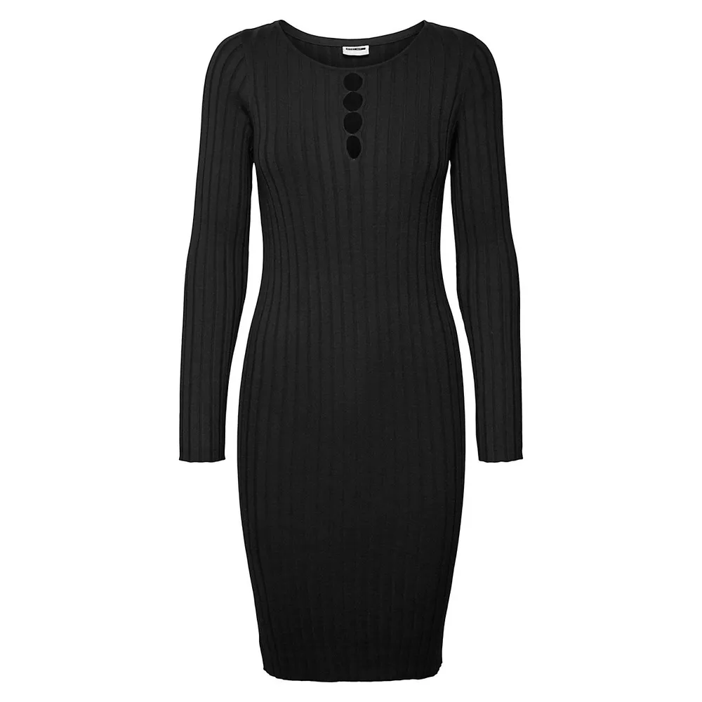 Fitted Rib-Knit Square-Neck Midi Dress