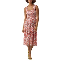 Squareneck Smocked Printed Midi Dress